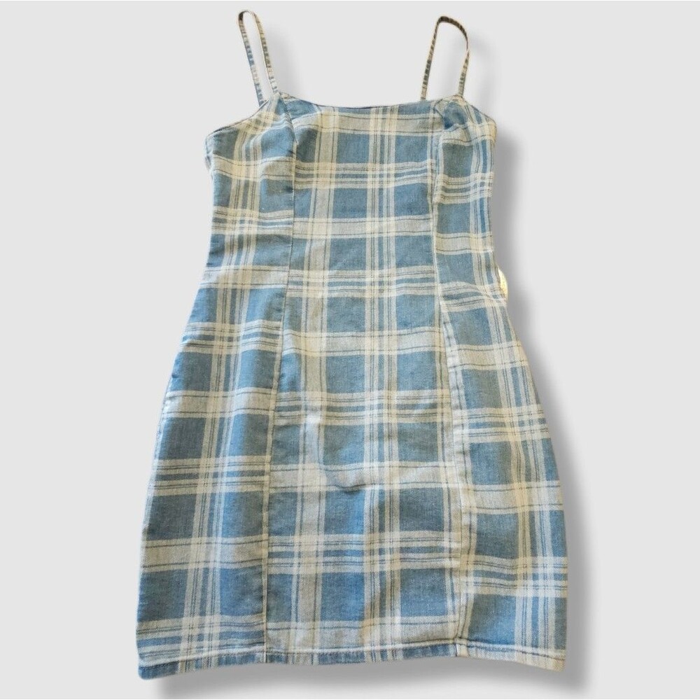 H&M y2k retro denim plaid mini dress stretch bodycon strappy size m Retro